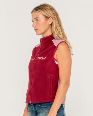 Woman wearing Mr Cool Polar Fleece Vest in Cranberry