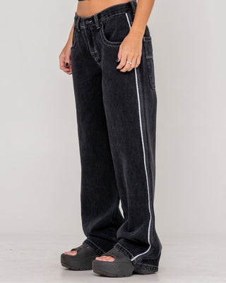 Woman wearing Flip Mommy Low Rise Wide Leg Denim Jean in Black Out