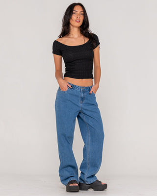 Woman wearing Bethany Baggy Low Rise Jean in Middy Blue