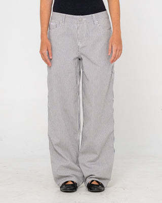 Woman wearing Worldwide Low Rise Pant in Navy Stripe