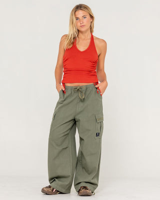 Woman wearing River Low Rise Baggy Cargo Pant in Shadow Army