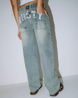 Woman wearing Norty Bethany Baggy Low Rise Jean in Dirty Dawg