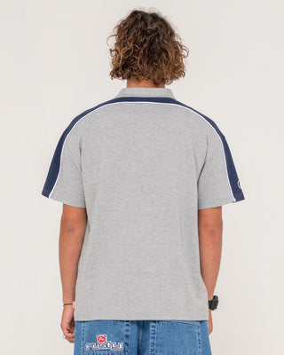 Man wearing Straight Shooter Short Sleeve Polo in Grey Marle