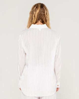 Woman wearing Cici Sheer Overshirt in White