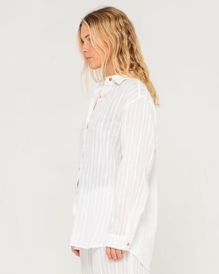 Woman wearing Cici Sheer Overshirt in White