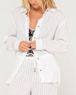 Woman wearing Cici Sheer Overshirt in White