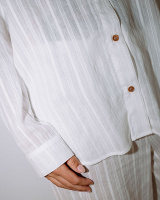 Woman wearing Cici Sheer Overshirt in White