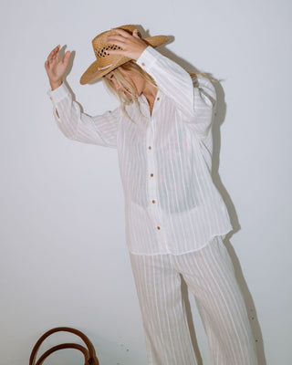 Woman wearing Cici Sheer Overshirt in White