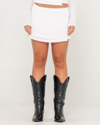 Woman wearing I Kissed A Pearl Lace Wrap Mini Skirt in White