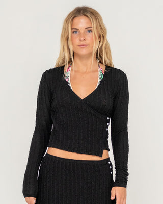 Woman wearing I Kissed A Pearl Lace Wrap L/S Top in Black