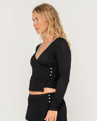 Woman wearing I Kissed A Pearl Lace Wrap L/S Top in Black