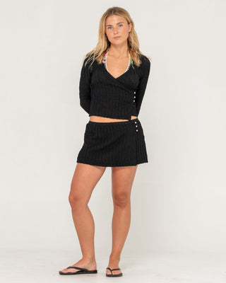 Woman wearing I Kissed A Pearl Lace Wrap L/S Top in Black