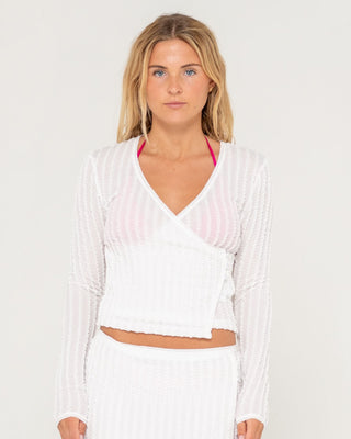 Woman wearing I Kissed A Pearl Lace Wrap L/S Top in White