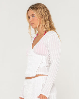 Woman wearing I Kissed A Pearl Lace Wrap L/S Top in White