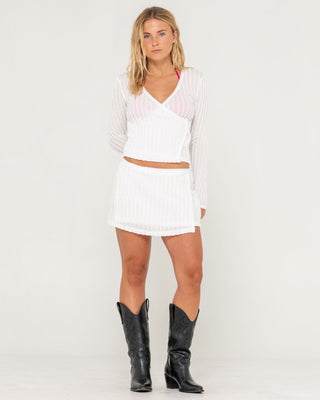 Woman wearing I Kissed A Pearl Lace Wrap L/S Top in White