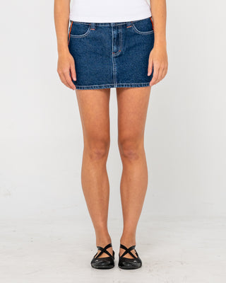 Woman wearing Flip Mommy Low Rise Mini Denim Skirt in Deep Sea Blue / Orange