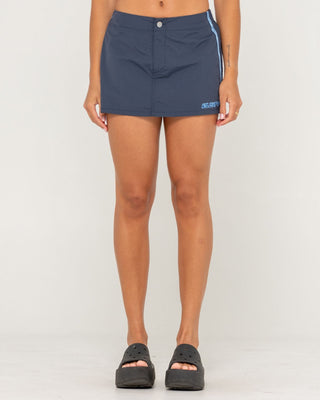 Woman wearing Lombardi Nylon Mini Skirt in Navy