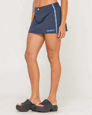 Woman wearing Lombardi Nylon Mini Skirt in Navy