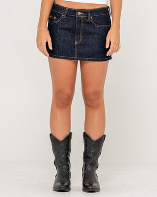 Woman wearing Ripper Raw Low Rise Denim Micro Skirt in Raw Dawg Blue 1