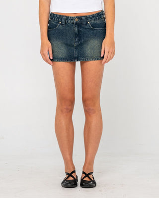 Woman wearing Norty Low Rise Denim Micro Mini Skirt in Dark N Dirty