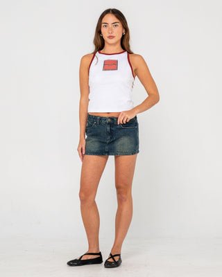 Woman wearing Norty Low Rise Denim Micro Mini Skirt in Dark N Dirty