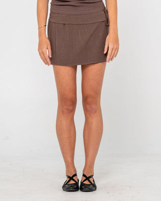 Woman wearing Milos Wrap Skirt in Pinecone