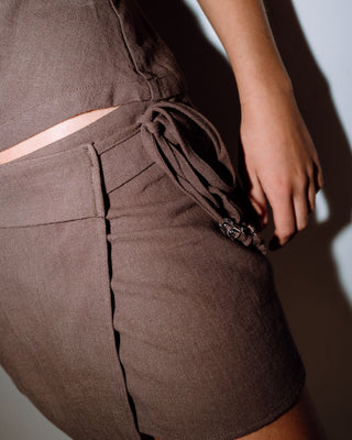 Woman wearing Milos Wrap Skirt in Pinecone
