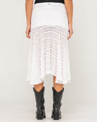 Woman wearing Athens Low Rise Lace Maxi Skirt in White
