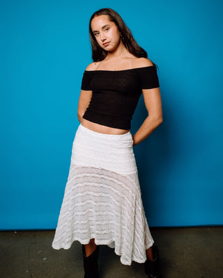 Woman wearing Athens Low Rise Lace Maxi Skirt in White