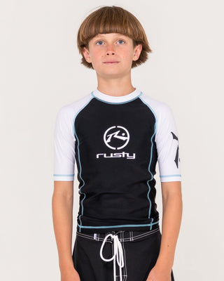 Boy wearing Gnaraloo Short Sleeve Surf Top Boys in Black / White