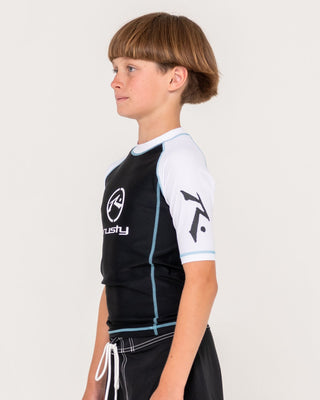 Boy wearing Gnaraloo Short Sleeve Surf Top Boys in Black / White