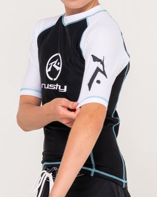Boy wearing Gnaraloo Short Sleeve Surf Top Boys in Black / White