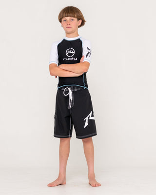 Boy wearing Gnaraloo Short Sleeve Surf Top Boys in Black / White