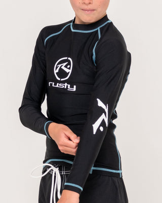 Boy wearing Gnaraloo Long Sleeve Surf Top Boys in Black