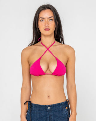 Woman wearing Sandalwood Multiway Bikini Top in Fuchsia