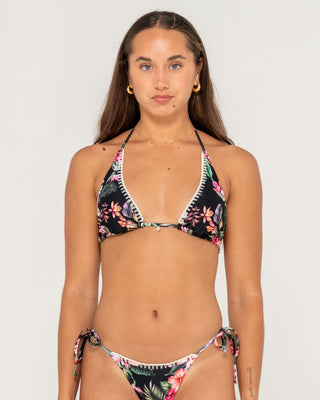 Woman wearing Heidi Floral Halter Bikini Top in Black