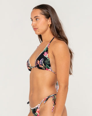 Woman wearing Heidi Floral Halter Bikini Top in Black