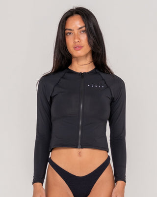 Woman wearing Essentials Zip Through Ls Rash Vest in Black