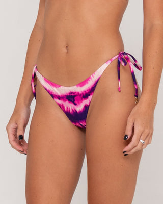 Woman wearing 2 Dye 4 Brazilian Rouched Bikini Bottom in Pink Tie Dye