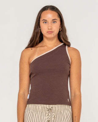 Woman wearing Zoe One Shoulder Tank in Java
