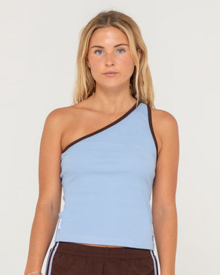 Woman wearing Zoe One Shoulder Tank in Retro Blue