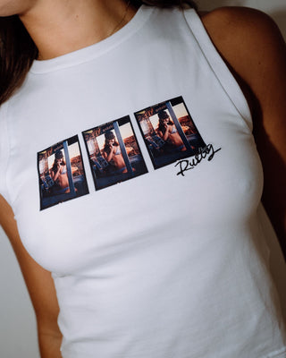 Woman wearing Crossroads Fitted Tank in Egret