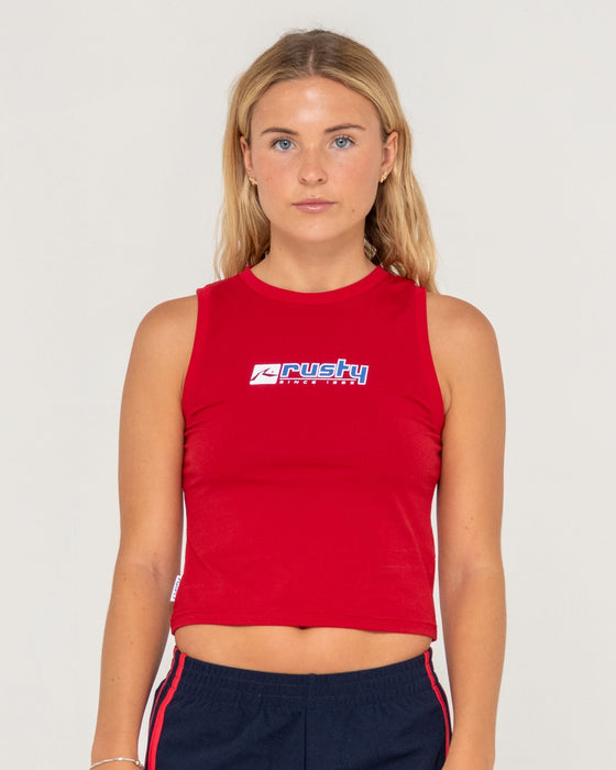 woman-wearing-crossroads-fitted-tank-in-red
