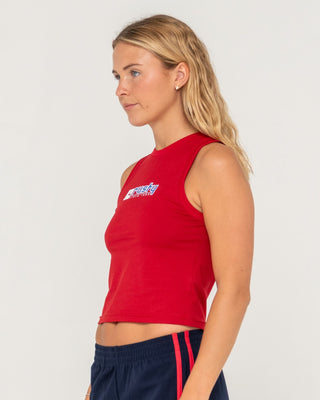 Woman wearing Crossroads Fitted Tank in Red