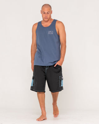Man wearing Boxed Out Tank in China Blue