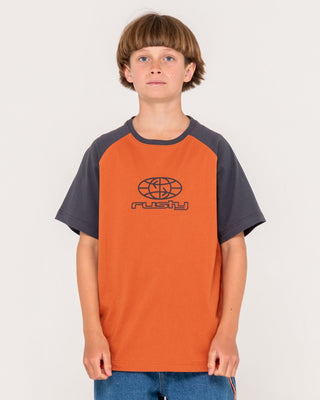 Boy wearing Wagwan Raglan Short Sleeve Tee Boys in Burnt Orange