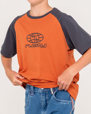 Boy wearing Wagwan Raglan Short Sleeve Tee Boys in Burnt Orange
