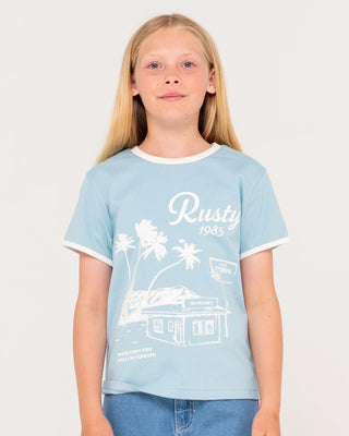 Girl wearing Sunset Wishes Ringer Tee in Glacier Lake