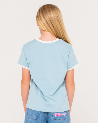 Girl wearing Sunset Wishes Ringer Tee in Glacier Lake