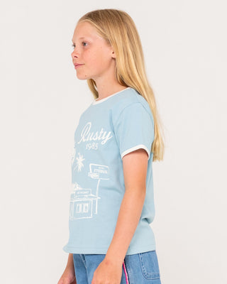 Girl wearing Sunset Wishes Ringer Tee in Glacier Lake